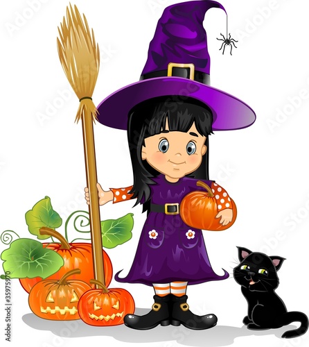 Girl witch  with cat pumpkins