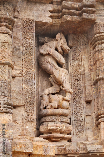 A mythical beast crushing an elephant, Sun temple Konark