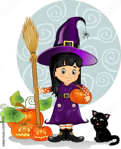 Witch girl with cat and pumpkins