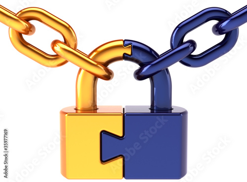 Puzzle padlock closed lock with chain Security concept