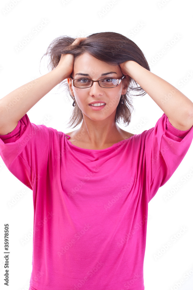 Closeup of upset young woman, isolated on white Closeup of upset young woman, isolated on white