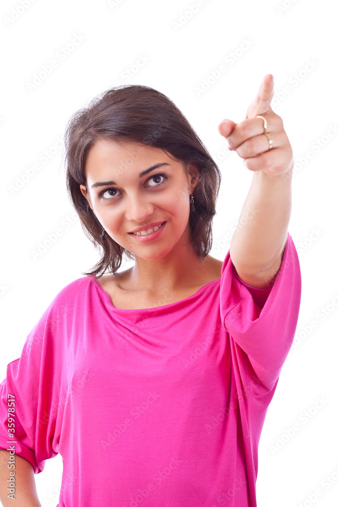woman pointing to the side against woman pointing to the side against