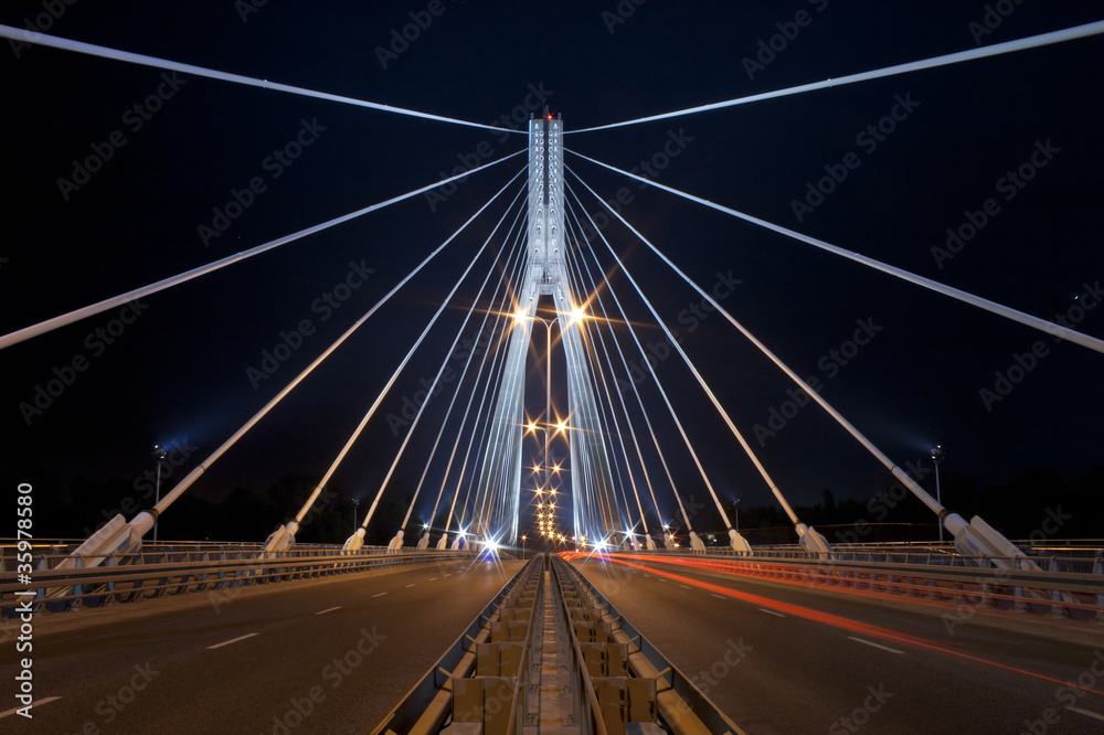 Obraz premium Nocny widok na nowy Most Świętokrzyski w Warszawie.