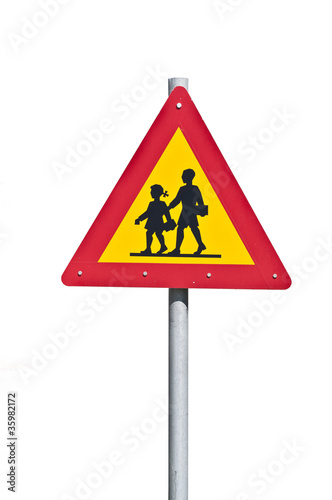 Roadsign with warning for crossing schoolkids isolated on white