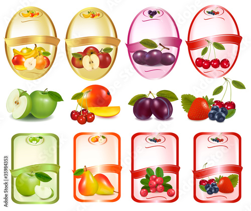 Set of labels with berries and fruit. Vector.