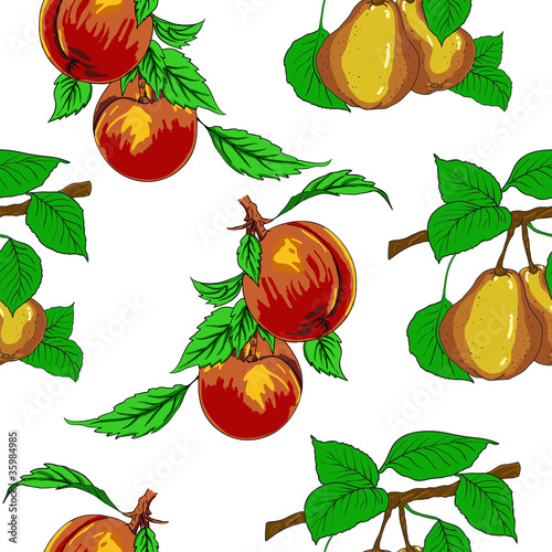 Fototapeta Naklejka Na Ścianę i Meble -  Seamless wallpaper with peaches and pears.