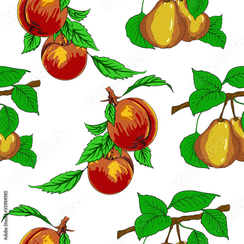 Seamless wallpaper with peaches and pears.