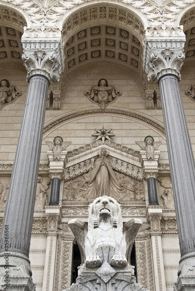 Deatail of facade to the Fourviere Church in Lyon city, France