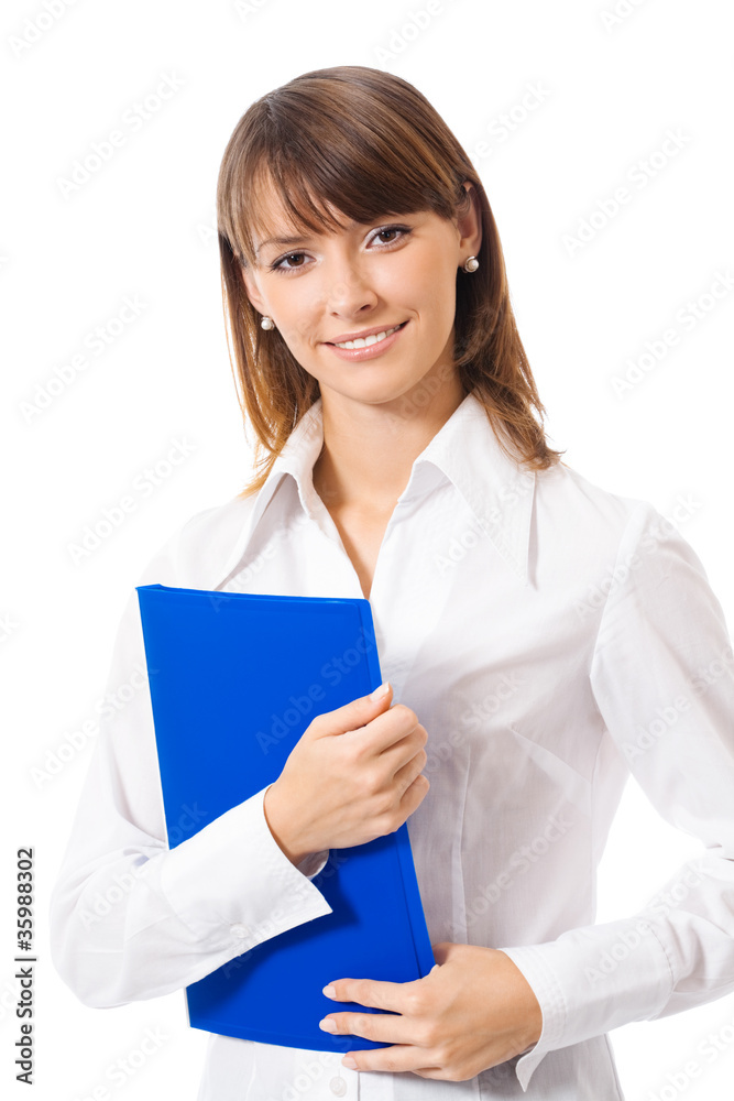 Businesswoman with blue folder, isolated Businesswoman with blue folder, isolated