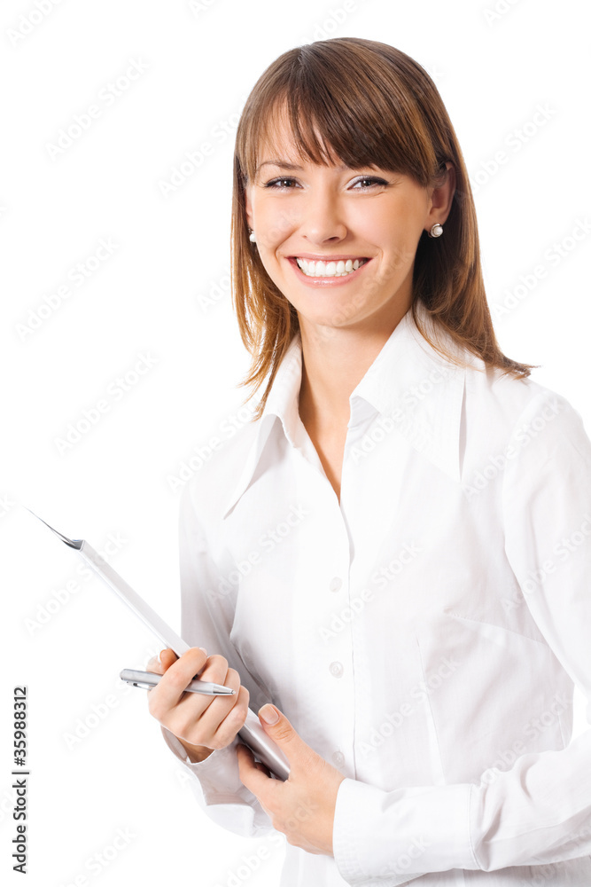 Businesswoman with blue folder, isolated Businesswoman with blue folder, isolated