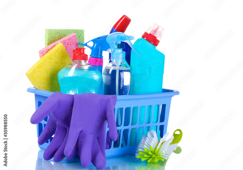 full box of cleaning supplies and gloves isolated on white - obrazy, fototapety, plakaty 