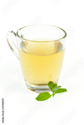 mint tea and leaves on white