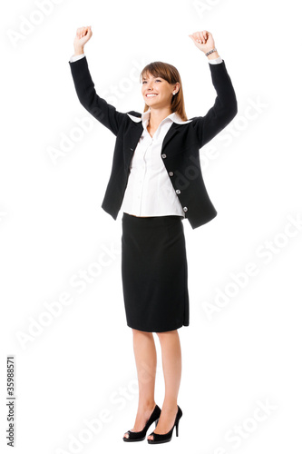 Happy gesturing businesswoman , on white