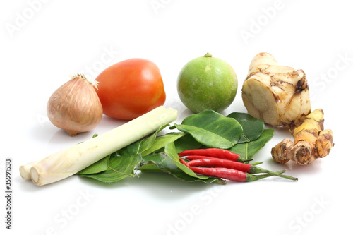 Thai food ingredient for Tom yum kung isolated in white backgrou