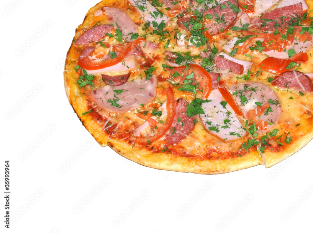 tasty pizza with vegetables and meat isolated on white tasty pizza with vegetables and meat isolated on white