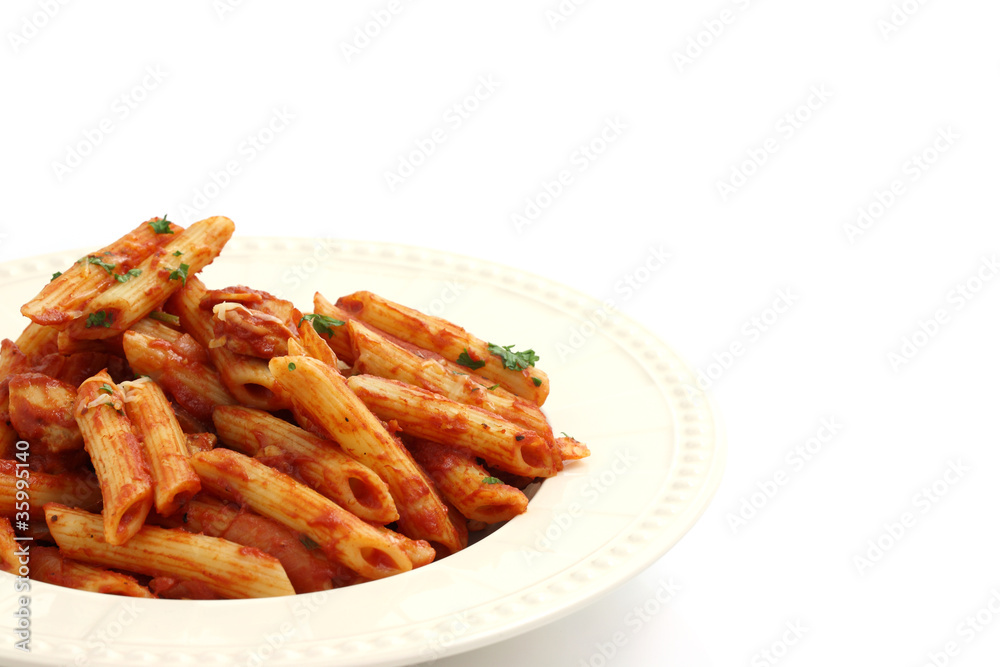 Pasta macaroni with tomato sauce isolated in white background Pasta macaroni with tomato sauce isolated in white background
