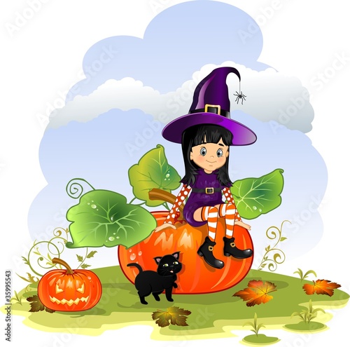 Witch girl sitting on pumpkin with cat landscape