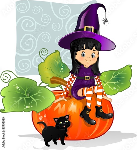 Witch girl sitting on pumpkin with cat-decorated background