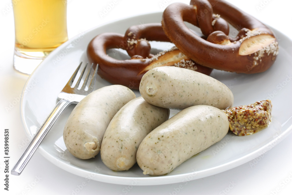 weisswurst, pretzel and beer , german oktoberfest food weisswurst, pretzel and beer , german oktoberfest food