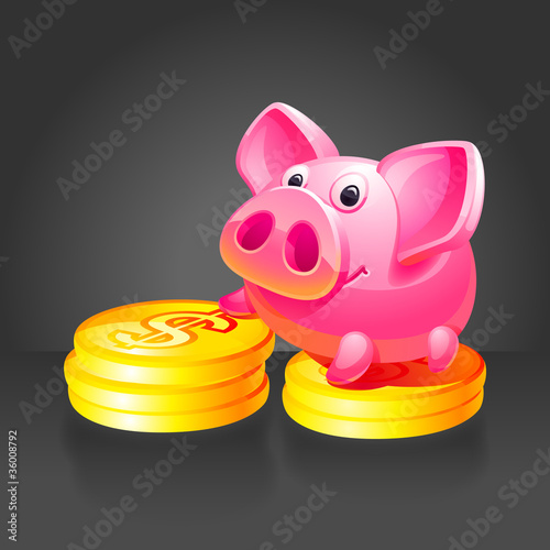 Pink piggy bank with gold coins. Black background.