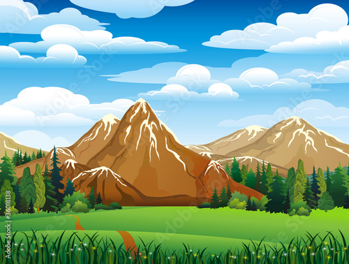 Green landscape with mountains and meadow