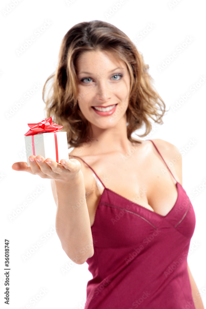 attractive young woman with gift pack, white background attractive young woman with gift pack, white background