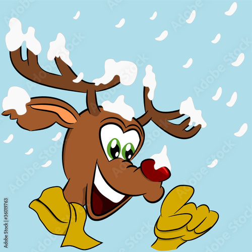 Cheerful reindeer with snow