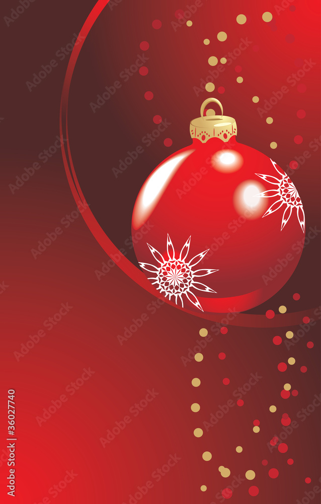 Red ball with Christmas tinsel. Background for card