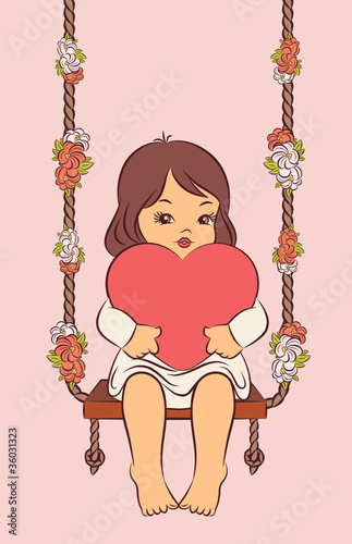 Cartoon little girl with heart on the swings