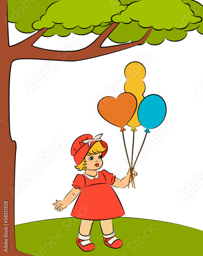 Vintage cartoon little girl with flower. Vector