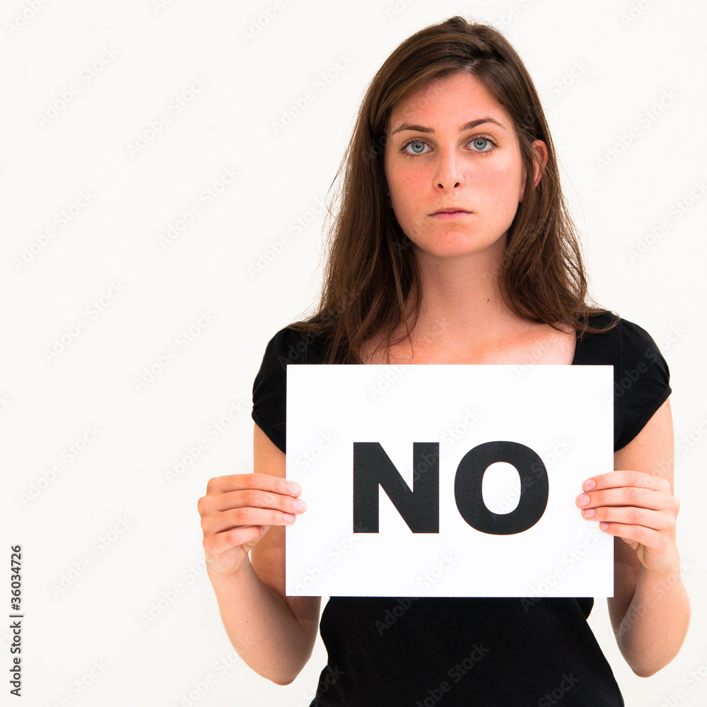 unhappy portrait young woman with board NO unhappy portrait young woman with board NO