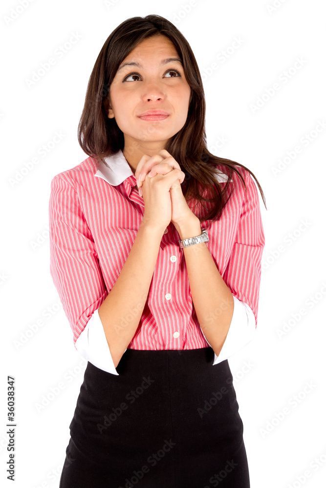 Young thoughtful business woman over white background. Young thoughtful business woman over white background.