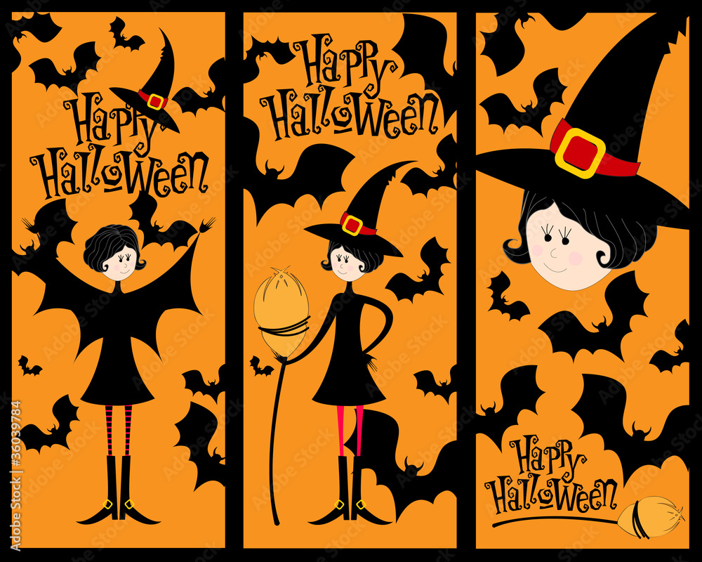 Cute Halloween illustration with cute witch and bats