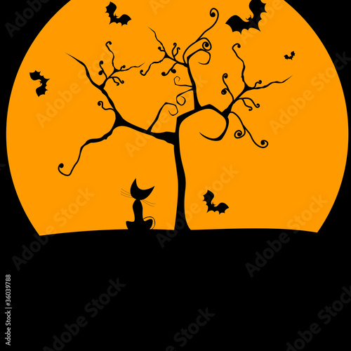 Cute Halloween illustration with cat and bats