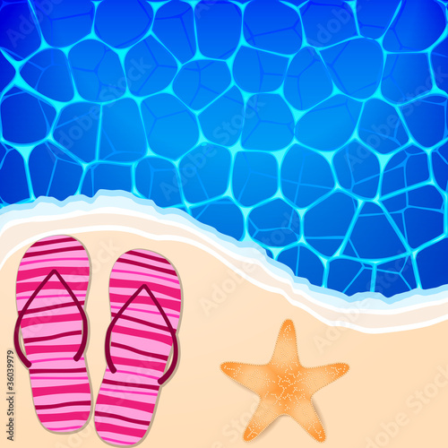 Summer illustration with ocean, beach, flip-flops and starfish