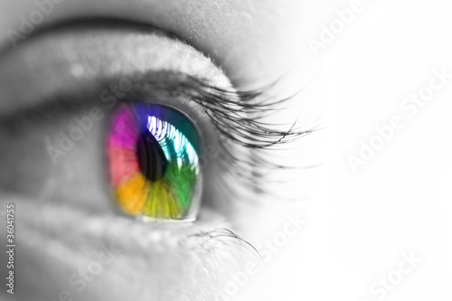 Photo d'un œil de femme isolé sur fond blanc,  vue de profil, iris multicolore arc-en-ciel,  concept de vision et couleurs, fierté gay LGBT photo