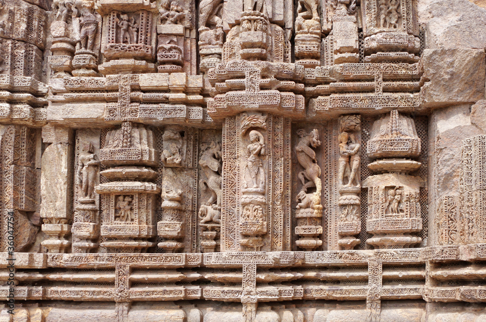 Fine carving on sandstone of Sun temple Konark