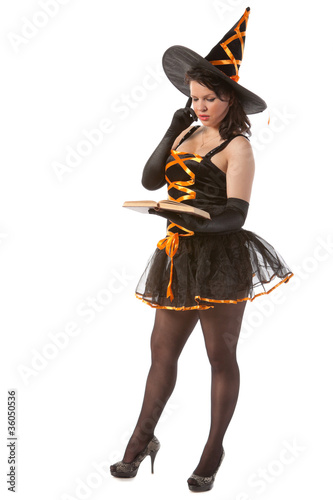 Halloween witch reads magic book photo