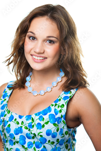 beautiful girl in wearing cute dress with blue cherries © oxilixo