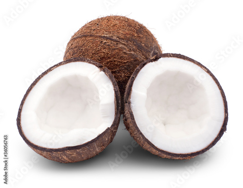 whole and broken coconut isolated on a white