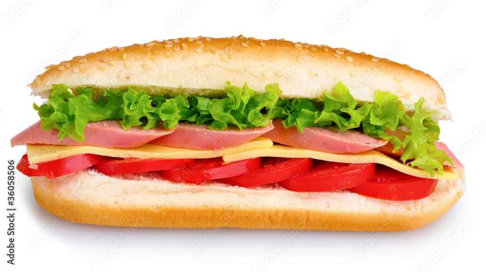 Sandwich with sausage, cheese and tomatoes isolated on white Sandwich with sausage, cheese and tomatoes isolated on white