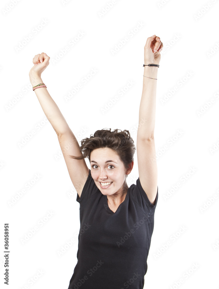 Happy winning beautiful woman with arms up isolated over white b Happy winning beautiful woman with arms up isolated over white b