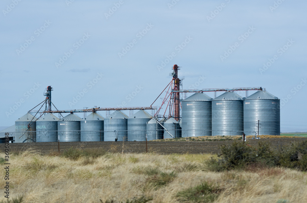 Steel grain storage silos with harvested field Steel grain storage silos with harvested field