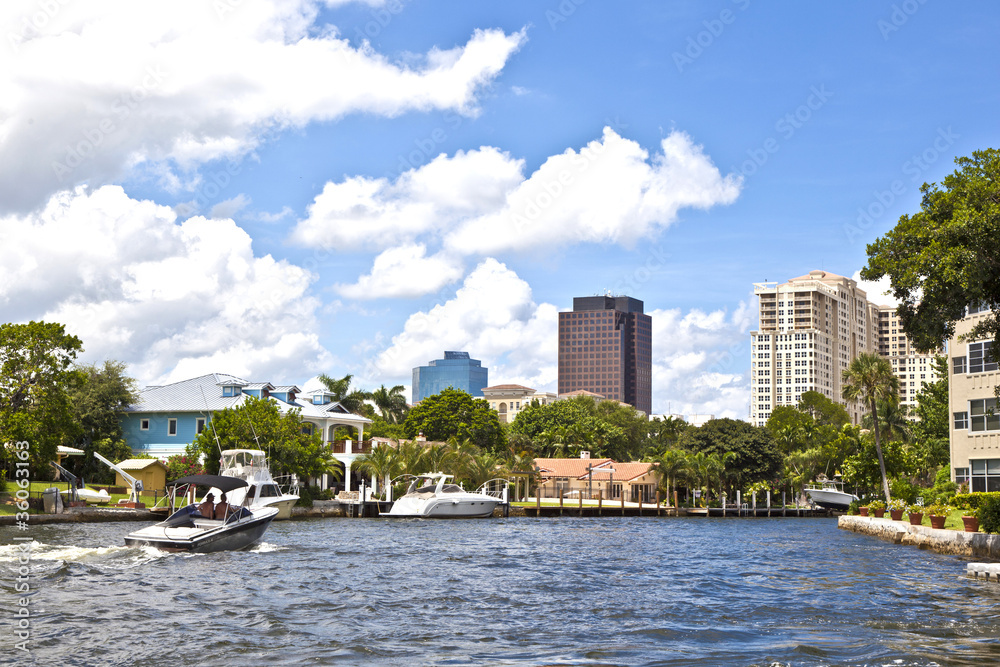 view to beautiful houses from the canal in Fort Lauderdale