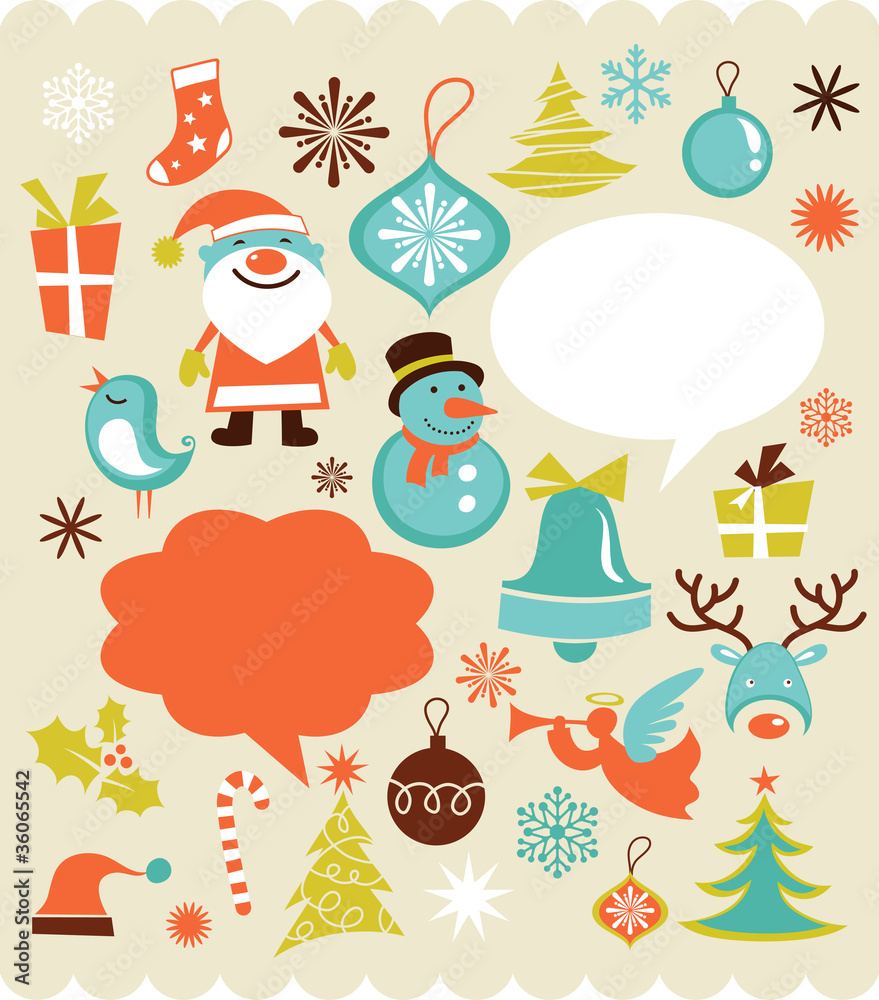 Fototapeta premium Retro Christmas background with collection of icons