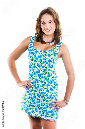 beautiful girl in wearing cute dress with blue cherries © oxilixo