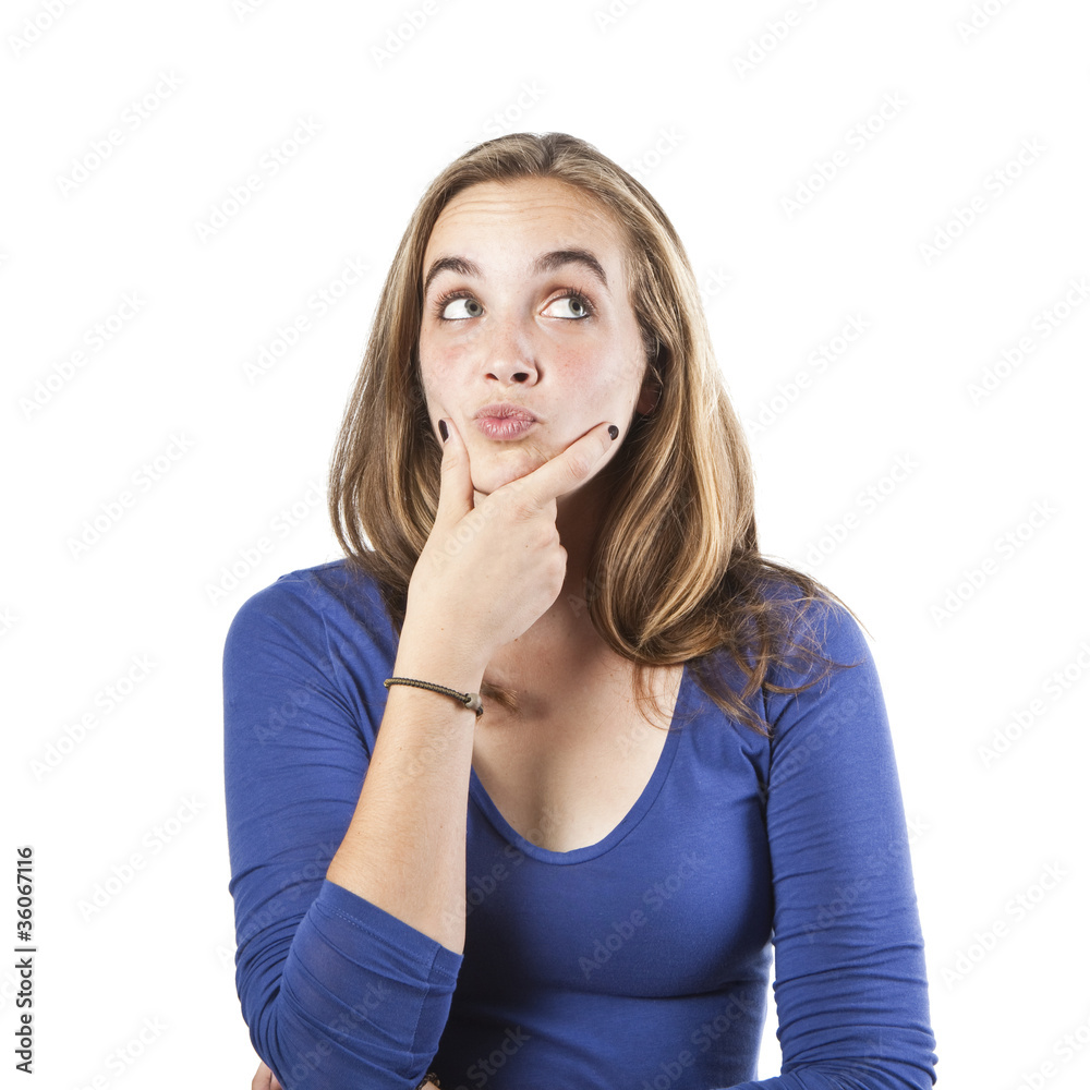 Portrait of a smiling thinking woman looking up - isolated on wh Portrait of a smiling thinking woman looking up - isolated on wh