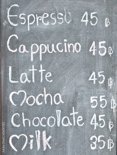 Menu in front of coffee shop, chalk on blackboard.