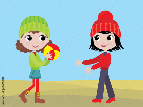 Little girls play a ball. vector