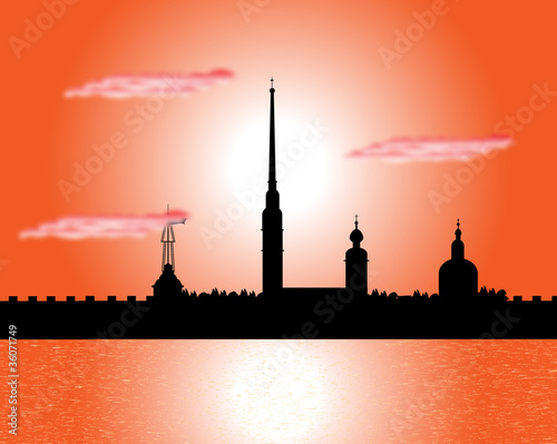 Silhouette of Peter and Paul fortress at sunset